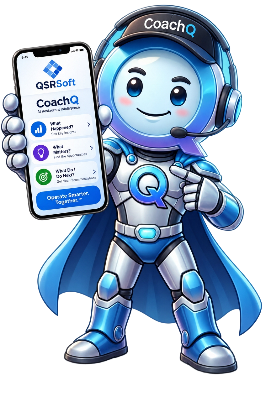 CoachQ mascot, the QSRSoft AI agent for restaurant intelligence