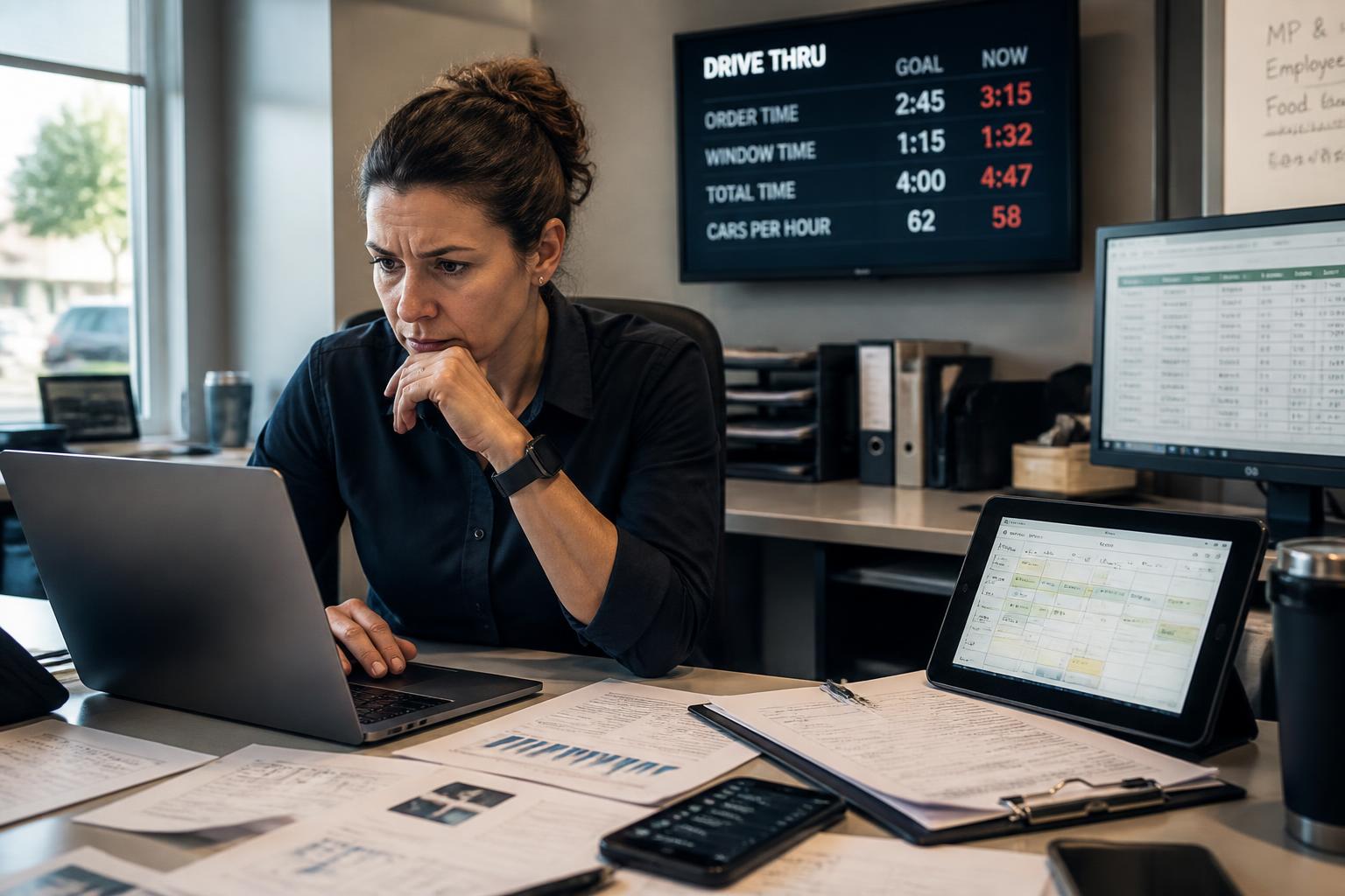 Restaurant operations leader reconciling information across a laptop, tablet, phone, wall monitor, and printed reports