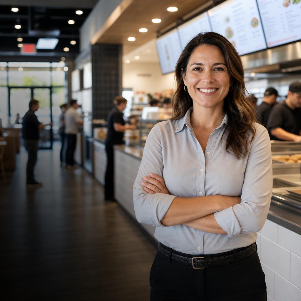 Confident restaurant operator smiling in a modern quick-service restaurant