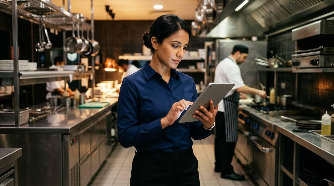 Restaurant operator using QSRSoft on a tablet inside a working kitchen